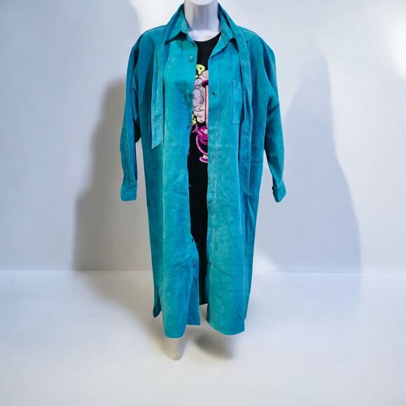 🆕️🆑 NEW TRUE Vintage Saks Fifth Avenue Turquoise Suede & Leather Trench Coat 4